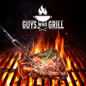 steak on a flamed grill with Guys Who Grill logo on top.